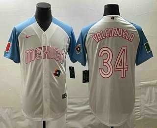 Mens Mexico Baseball #34 Fernando Valenzuela 2023 White Blue World Classic Stitched Jersey->2023 world baseball classic->MLB Jersey